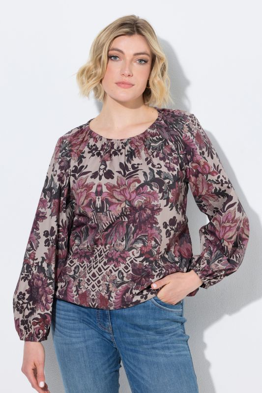 Floral Damask Print Gathered Neckline Blouse