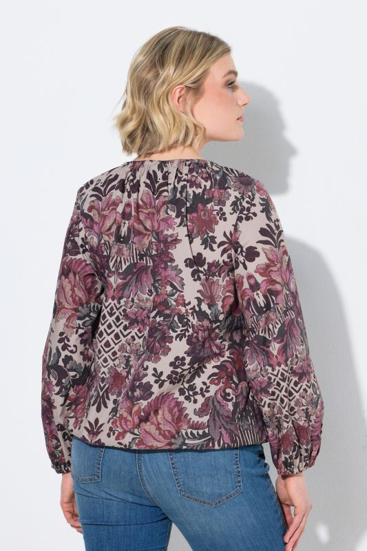 Floral Damask Print Gathered Neckline Blouse
