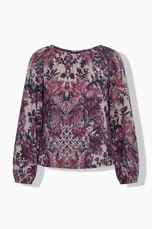 Floral Damask Print Gathered Neckline Blouse