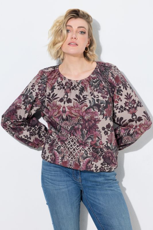 Floral Damask Print Gathered Neckline Blouse