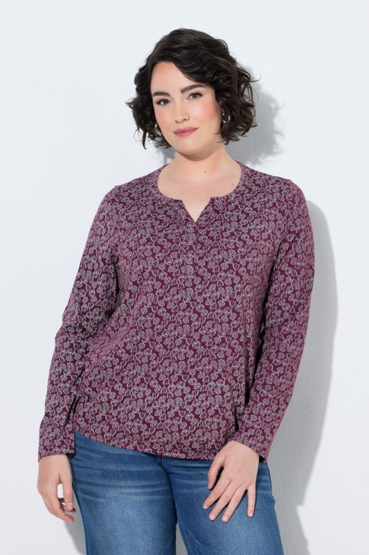 Floral Print Long Sleeve Split Neck Blouse