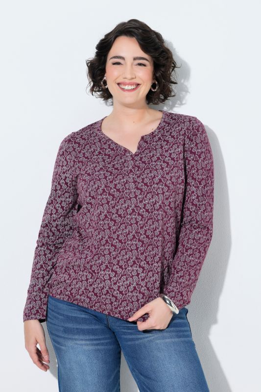 Floral Print Long Sleeve Split Neck Blouse