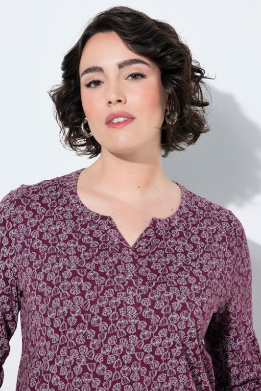 Floral Print Long Sleeve Split Neck Blouse
