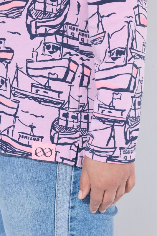 Boat Print Split Neck Long Sleeve Tee