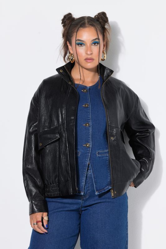 Elastic Hem Faux Leather Jacket