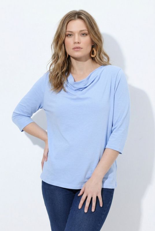 Eco Cotton Waterfall Neckline 3/4 Sleeve T-Shirt Blouse