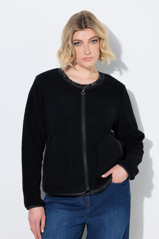Faux Leather Piping Zip-Up Teddy Jacket
