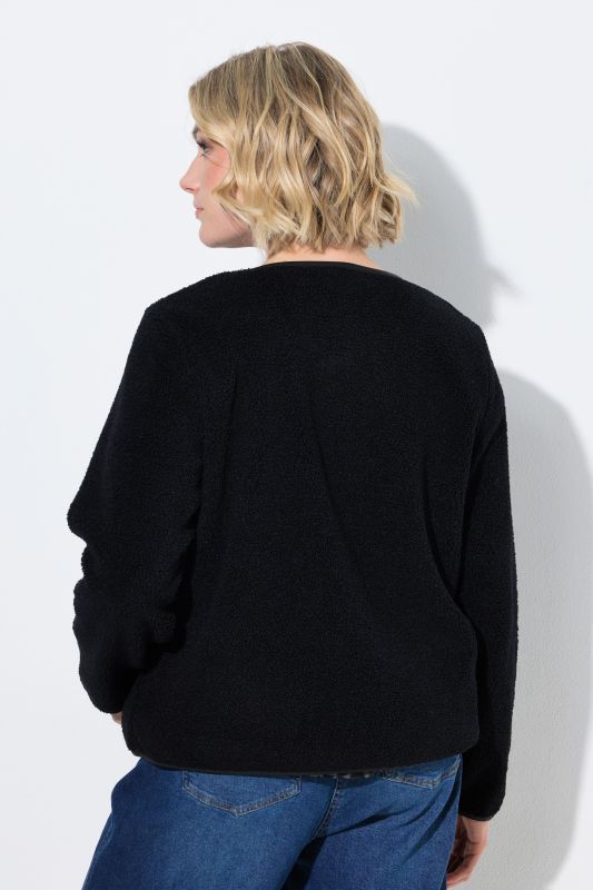 Faux Leather Piping Zip-Up Teddy Jacket