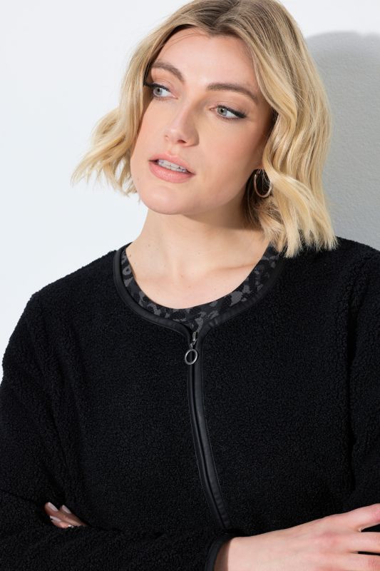 Faux Leather Piping Zip-Up Teddy Jacket