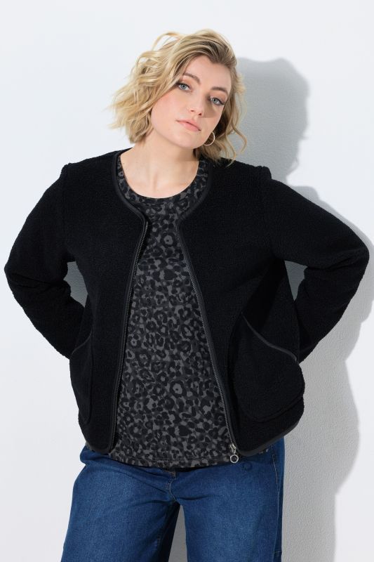 Faux Leather Piping Zip-Up Teddy Jacket