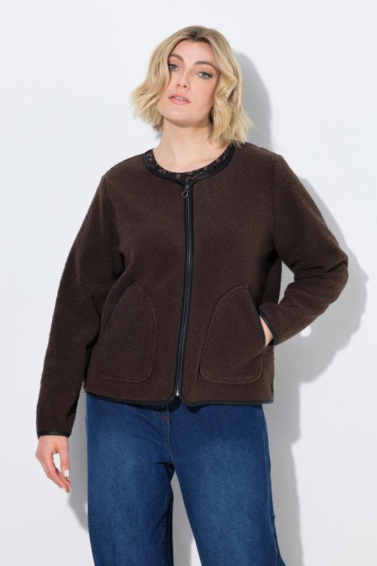 Faux Leather Piping Zip-Up Teddy Jacket