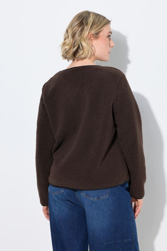 Faux Leather Piping Zip-Up Teddy Jacket