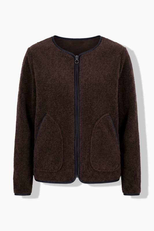 Faux Leather Piping Zip-Up Teddy Jacket