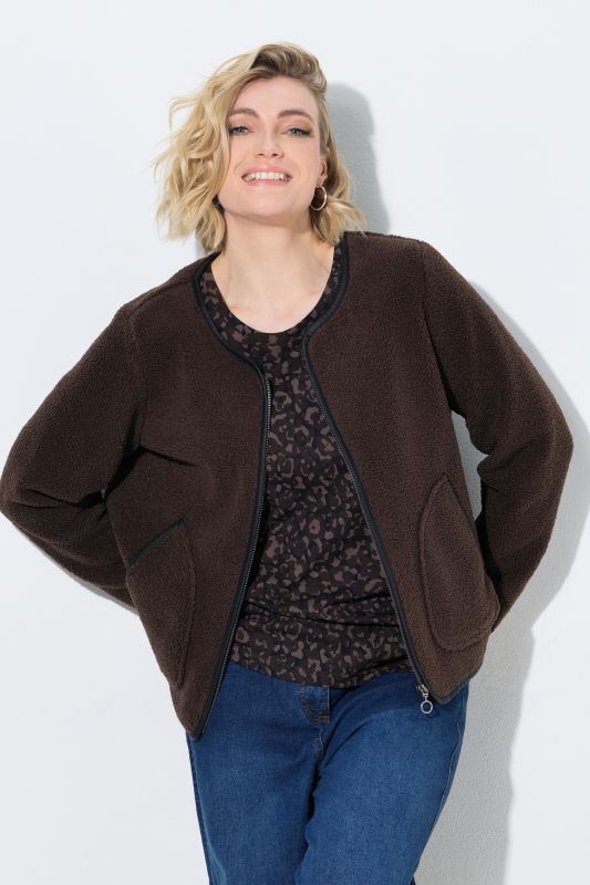 Faux Leather Piping Zip-Up Teddy Jacket