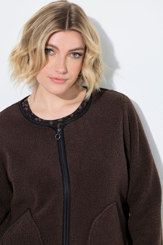 Faux Leather Piping Zip-Up Teddy Jacket