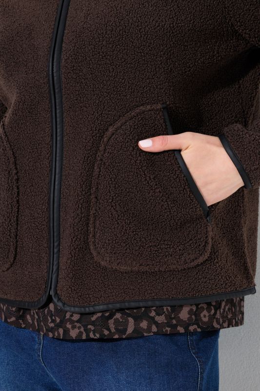 Faux Leather Piping Zip-Up Teddy Jacket