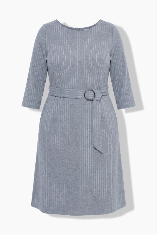 Pinstripe 3/4 Sleeve Boat Neck Midi Dress