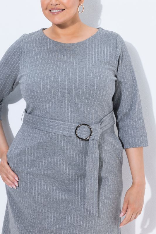 Pinstripe 3/4 Sleeve Boat Neck Midi Dress
