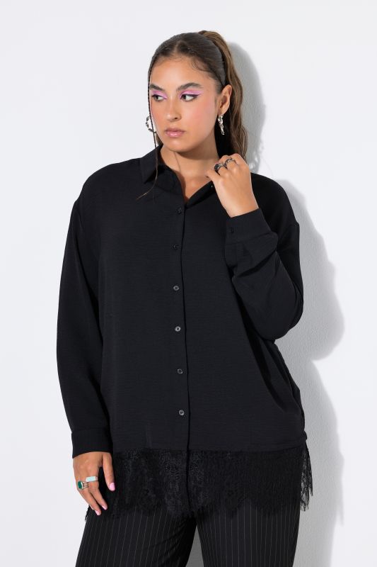 Lace Hem Long Sleeve Button-Down Blouse