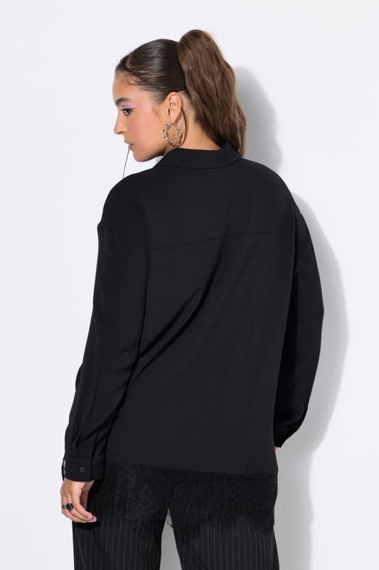 Lace Hem Long Sleeve Button-Down Blouse