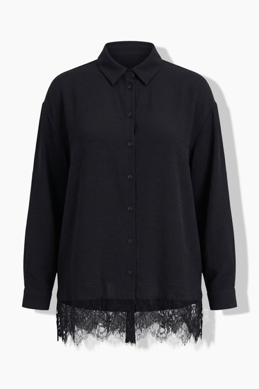 Lace Hem Long Sleeve Button-Down Blouse