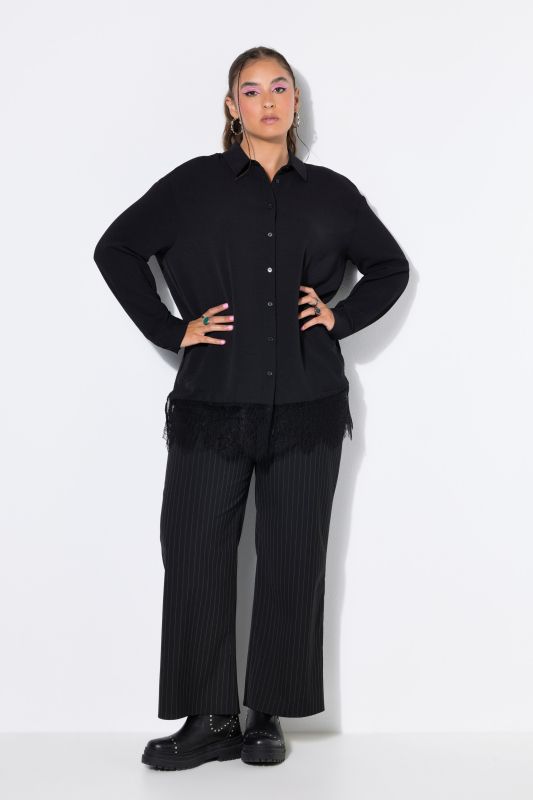 Lace Hem Long Sleeve Button-Down Blouse