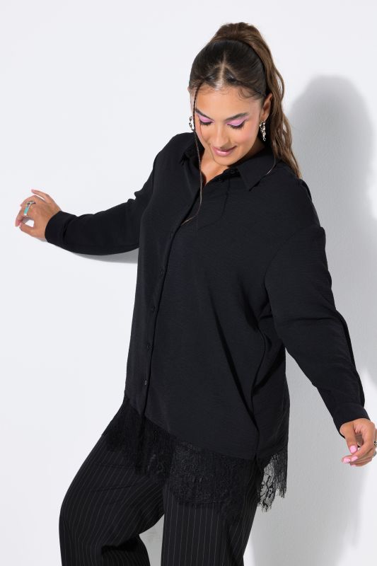 Lace Hem Long Sleeve Button-Down Blouse