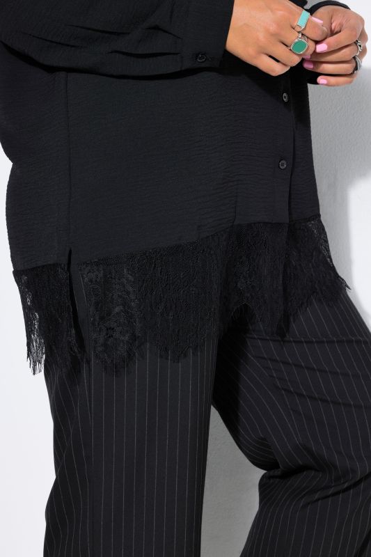 Lace Hem Long Sleeve Button-Down Blouse