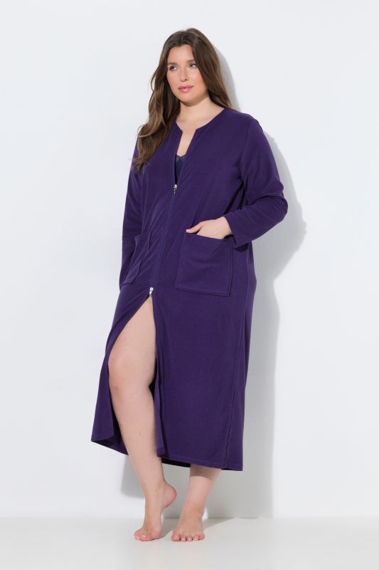 Long Zip Front Cotton Blend Terry Bathrobe