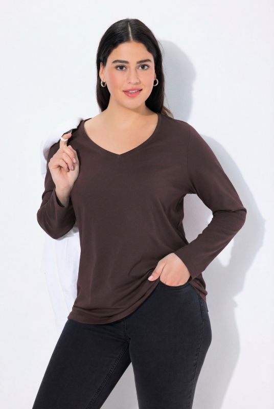 V-Neck Long Sleeves Slim Fit Cotton Knit Tee