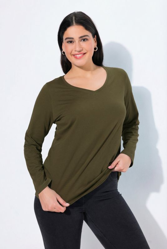 V-Neck Long Sleeves Slim Fit Cotton Knit Tee