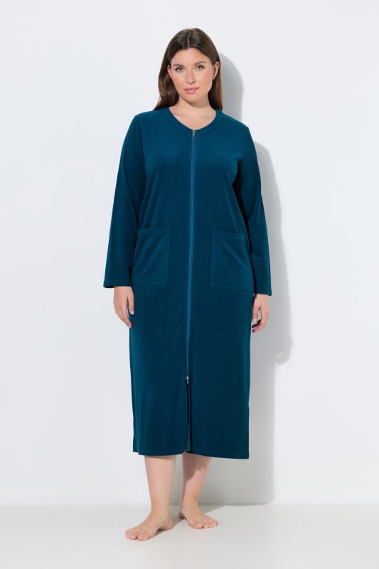 Long Zip Front Cotton Blend Terry Bathrobe