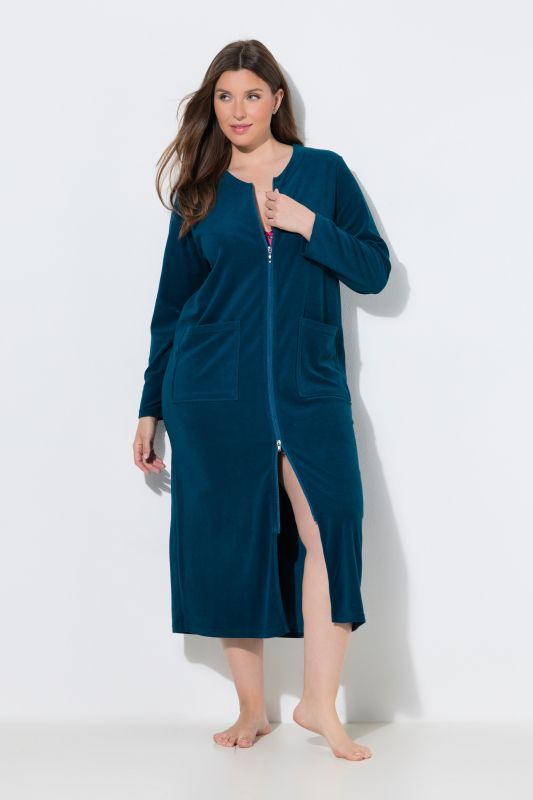 Long Zip Front Cotton Blend Terry Bathrobe