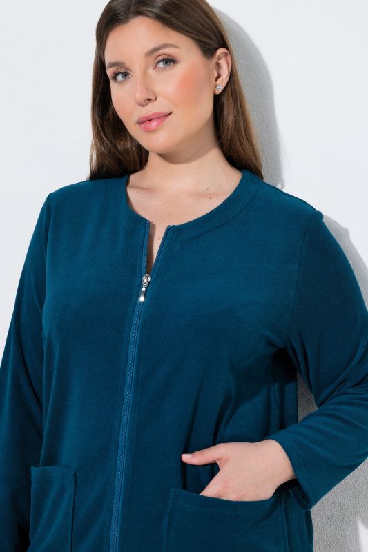 Long Zip Front Cotton Blend Terry Bathrobe