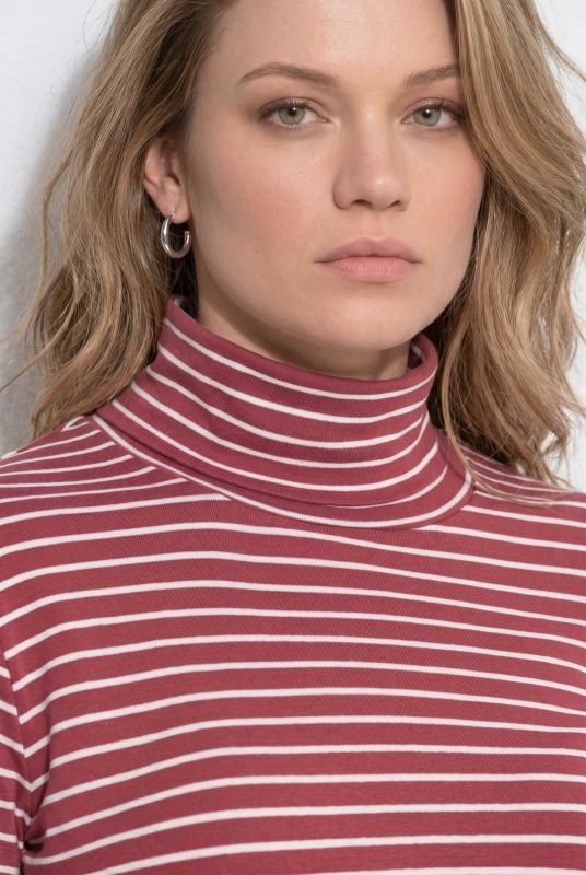 Eco Cotton Stripe Rib Knit Slim Fit Turtleneck