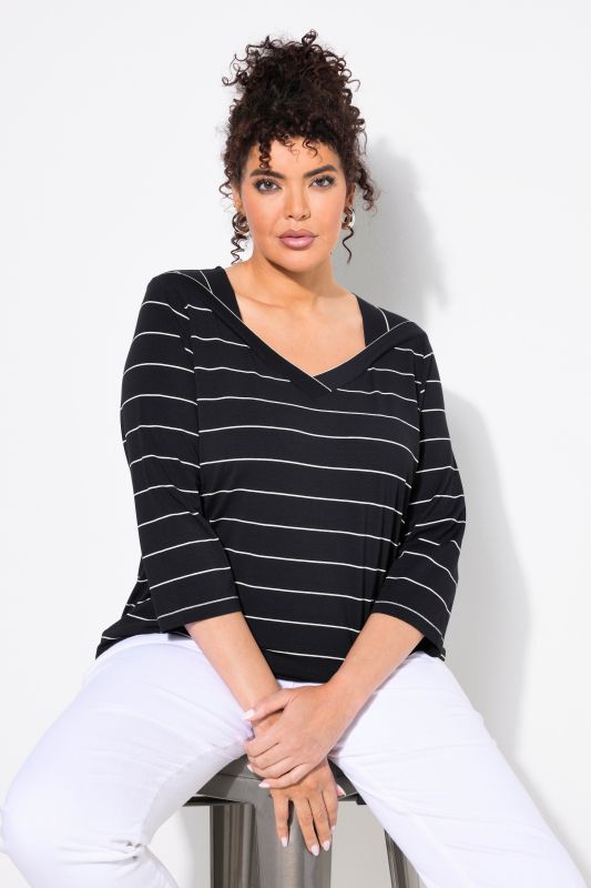 Striped V-Neck 3/4 Sleeve Tee