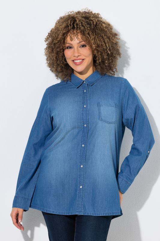Denim Long Sleeve Button-Down Blouse