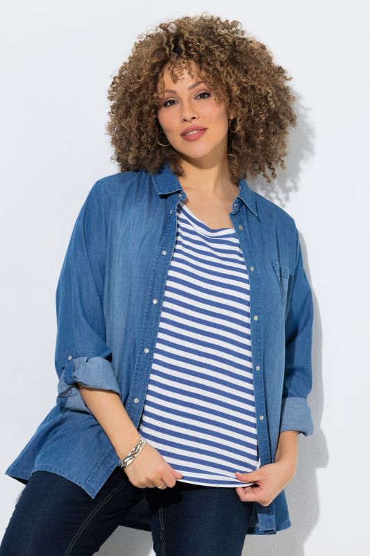 Denim Long Sleeve Button-Down Blouse