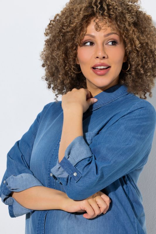 Denim Long Sleeve Button-Down Blouse