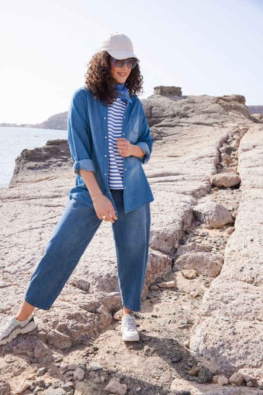 Denim Long Sleeve Button-Down Blouse