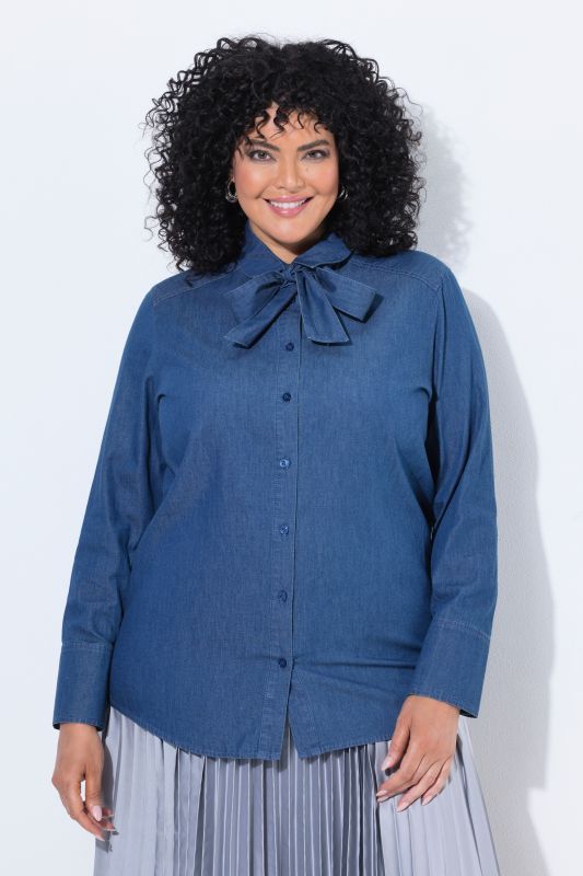 Denim Lavalliere Button-Down Blouse