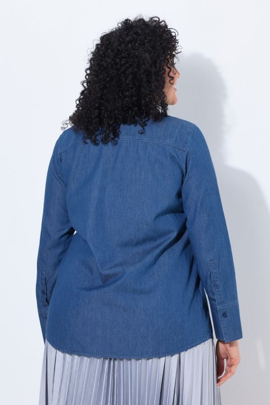 Denim Lavalliere Button-Down Blouse