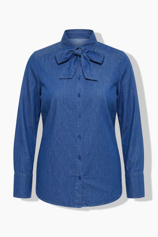 Denim Lavalliere Button-Down Blouse
