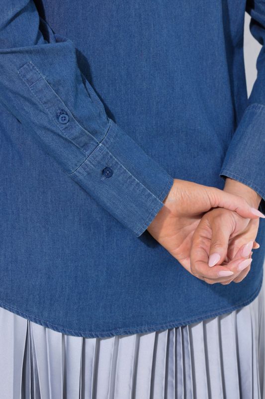 Denim Lavalliere Button-Down Blouse