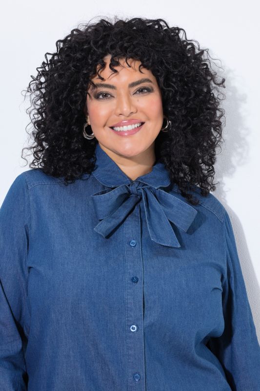 Denim Lavalliere Button-Down Blouse