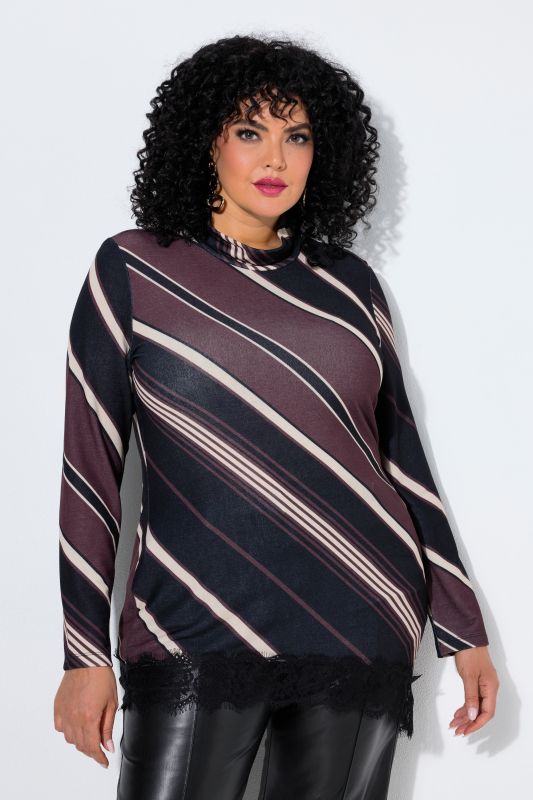 Diagonal Striped Lace-Trimmed Turtleneck Blouse