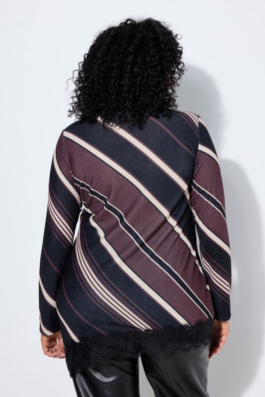 Diagonal Striped Lace-Trimmed Turtleneck Blouse