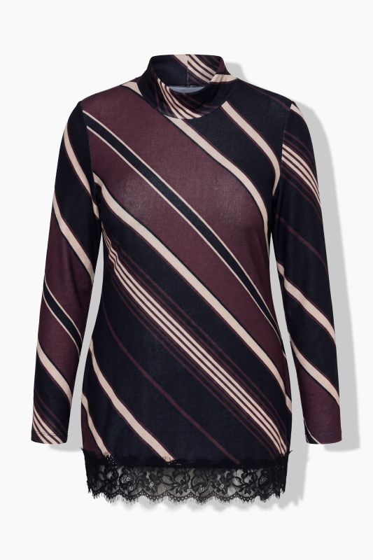 Diagonal Striped Lace-Trimmed Turtleneck Blouse