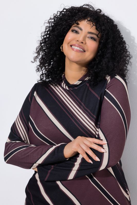 Diagonal Striped Lace-Trimmed Turtleneck Blouse