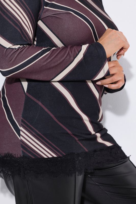 Diagonal Striped Lace-Trimmed Turtleneck Blouse